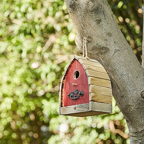 Glitzhome 8.5" H Washed Red Distressed Solid Wood Birdhouse Garden Hanging Bird House For Outdoors #TOP2