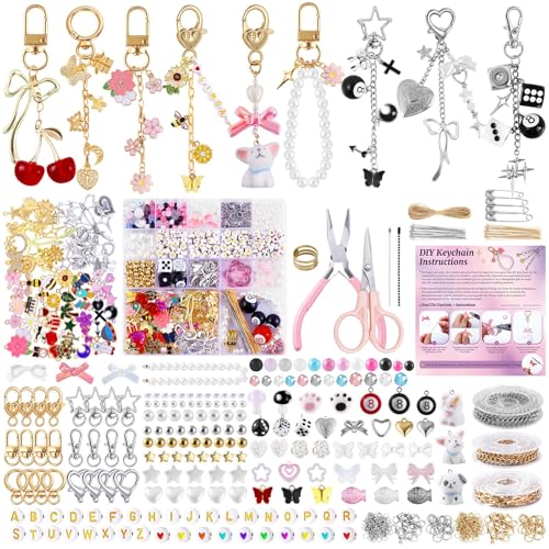 Wurosi 945 Pcs Bag Charm Kit, Charms Lip Gloss Keychain Making Kit, Beaded Keychain Making Kit, Y2K Keychains, 8 Ball Dice Charm Keychains, DIY Customizable Crafts Key Chains(Gold & Silver)