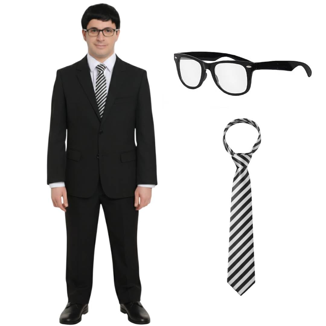 Adults Will Costume – Geek Glasses, Black Suit & Striped Tie Set - Inbetween TV Series Outfit - Men’s Funny Fancy Dress for Halloween, Stag Dos & Parties - Medium