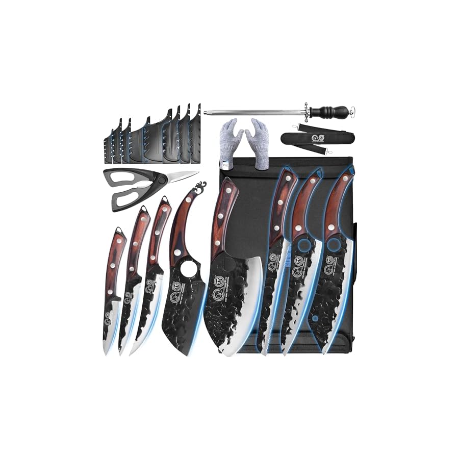 XYJ Professional Serbian Chef Knife Set with Roll Bag, Japanese Culinary Knives, Meat Cleaver, Kitchen Chopping Knife, and Protective Sleeves, Perfect for Home Cooking or Outdoor Camping (12)