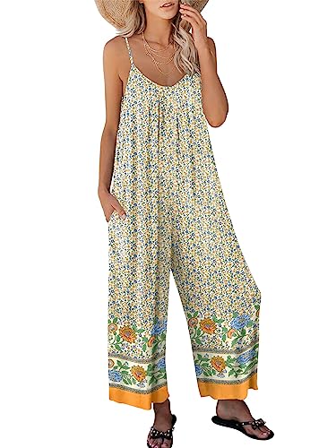 Image of ANRABESS Women Jumpsuits 2026 Casual Sleeveless Spaghetti Strap Boho Wide Leg Rompers Summer Outfits Beach Vacation Clothes