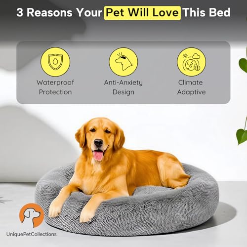Image of Fabric Fluffy Washable Waterproof Dog Bed For Summer | Large Size Round Pet Bed For Golden Retriever, Labrador, Pug, Beagle | Anti-Skid, Soft & Cozy For All Breeds (Gray, S)