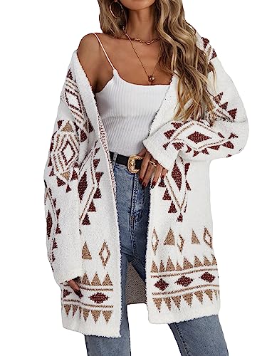 WDIRARA Women's Fuzzy Knit Cardigan Geo Pattern Long Sleeve Drop Shoulder Open Front Sweater
