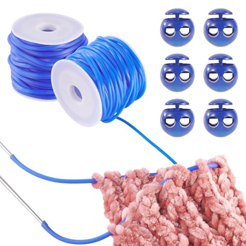 FASHEWELRY 2mm 3mm Hollow Rubber Cords Stitch Holders for Knitting 2 Rolls Knitting Barber Cords with Plastic Cord Locks for Craft Projects (Blue)