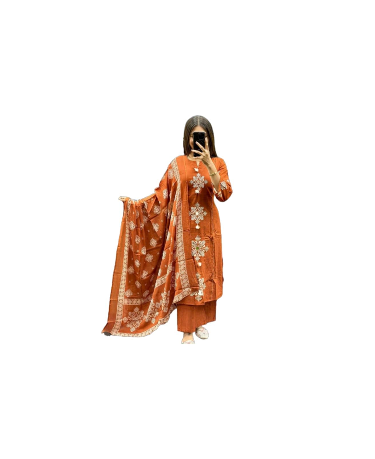 Women's Embroidered Kurta with Palazzo and Dupatta Set, Orange, 2.5 Mtr Dupatta-picture-14