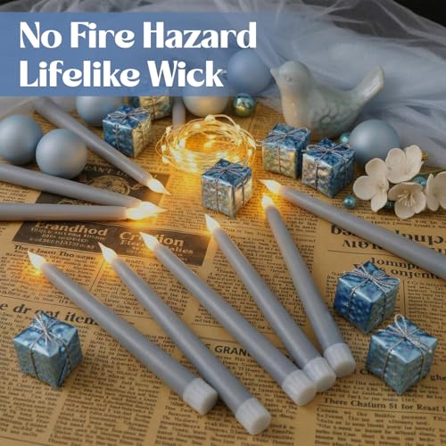 Image of Handepo 48 Pack Flameless Taper Candles Realistic with Flickering Candlelights Plastic 11 Inch Last Long Battery Operated Window Candlestick for Halloween Christmas (Dusty Blue)