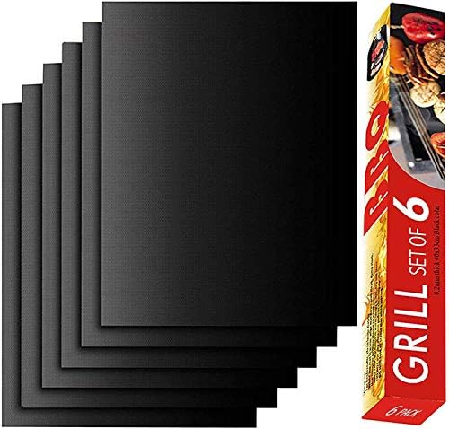 Grill Mat Set of 6-100% Non-Stick BBQ Grill Mats, Heavy Duty, Reusable, and Easy to Clean - Works on Electric Grill Gas Charcoal BBQ - Extended - 15.75 x 13-Inch, Black