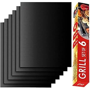 Renook Grill Mat Set of 6-100% Non-Stick Reusable Mats for Gas, Charcoal or Electric Grills – Easy to Clean – 15.75 x 13-Inch, Black