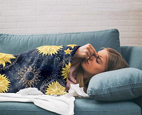 Flannel Fleece Throw Blankets, Boho Chic Golden Sun Moon And Stars Blue Black Sky Antique Style Decorative Blankets, Lightweight Super Soft Luxury Cozy Blanket For Stadium Couch Bed Sofa Chair #TOP4