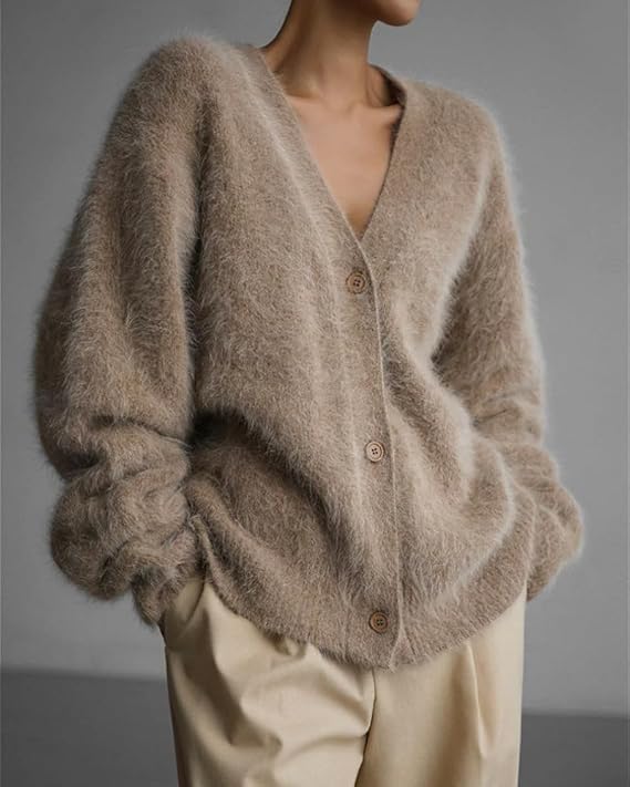 Image of Womens Fuzzy Sweaters Cardigan V-Neck Button Down Oversized Mohair Sweater Casual Y2k 2026 Fall Winter