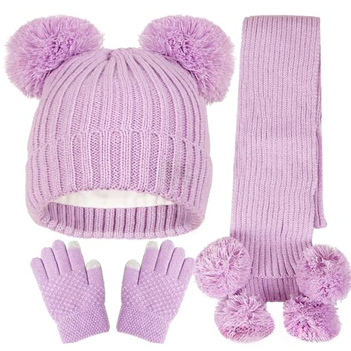 Bonnet pour fille et garçon en maille jacquard avec gants doublés polaire