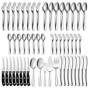 LIANYU 77-Piece Heavy Duty Silverware Set for 12, Plus Serving Utensils and Steak Knives, Stainless Steel Cutlery Flatware Set, Heavy Weight Eating Utensils Set for Home Wedding, Dishwasher Safe