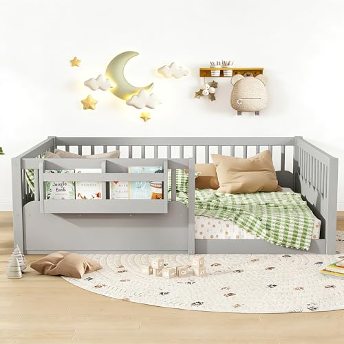 Image of Bellemave Full Size Kids Montessori Floor Bed,Solid Wood Floor Bed Frame with Bookshelf and High Fence for Kids,Girls,Boys,Gray
