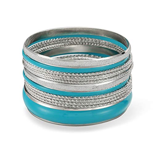 Ensoul Shiny Silver With Turq Color Mixed Multi Metal Bangles Bracelets Set Fashion Jewelry For Women 13Pcs/Set