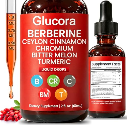 Glucora Berberina Liquida Gotas | Pure Berberine with Ceylon Cinnamon Bitter Melon Extract Turmeric Chromium Gymnema Organic Panax Ginseng & Moringa | Vegan Non-GMO - 2 FL.OZ (1PCS)