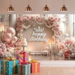 Pink Happy Birthday Backdrop, Elegant Princess Theme Party Decoration with Rose Gold Balloons & Crown, Photography Background Banner for Girls Women Birthday Party Photo Booth Props, 7ft x 5ft - Image 2