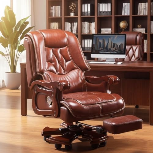 Image of Lakdi The Furniture High Back Luxury Director & Executive Chair Office Made in Plyboard with Leatherette & High Density Foam, Recliner Feature and Double Wheel with wooden Polish - 111011330 Tan Brown