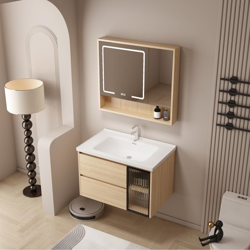 Miniatura 8 de Tocador de baño de 32 pulgadas montado en la pared, tocador de baño con fregadero de cerámica, tocador de baño moderno con 2 cajones de cierre