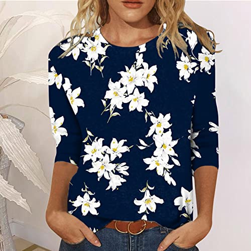 HTHLVMD Womens 3/4 Length Sleeve Tops 2025 Fall Fashion Floral Print Crewneck Causal Trendy Tunic Tops for Women