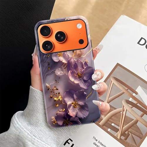 Coque iPhone 17 Pro Max en marbre violet rétro avec lignes dorées élégantes et double protection