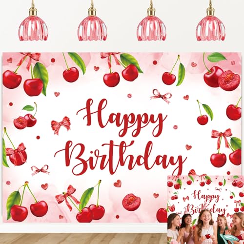 Cherry Bow Birthday Backdrop 6x4ft Coquette Bow Happy Birthday Banner