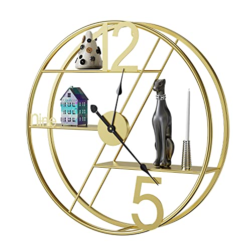 H HOMEWINS Grande horloge murale de 60 cm avec étagère, horloge murale moderne en métal sans bruit de tic-tac - Horloge décorative et étagère murale ronde pour salon, chambre à coucher Cover