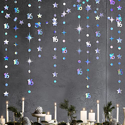 Image of Iridescent Number 16 Circle Dot Twinkle Star Garland Kit Metallic Hanging Streamer Bunting Banner Backdrop Decorations for Girls 16th Birthday Sweet Sixteen Wedding Anniversary Bridal Shower Party