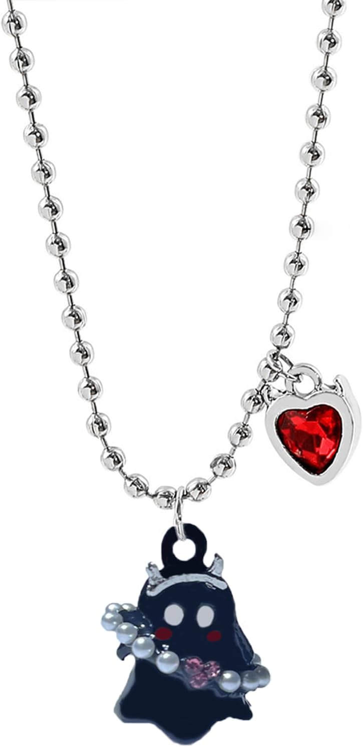 WETMT Ghost Necklace for Women Red Heart Crystal Ghost Necklace Cute Tiny Ghost Pendant Necklace White Black Ghost Charm Necklace Halloween Costume Jewelry