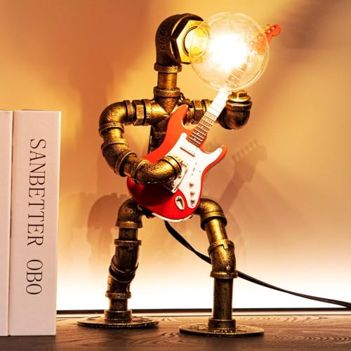 Image of Music Guitar Table Lamp Art Decor ,Steampunk Table Lamp,Retro Guitars Steampunk lamp,Cool Industrial Metal Tube Robot Lamp Guitar Stuff Present for Men Music Lovers