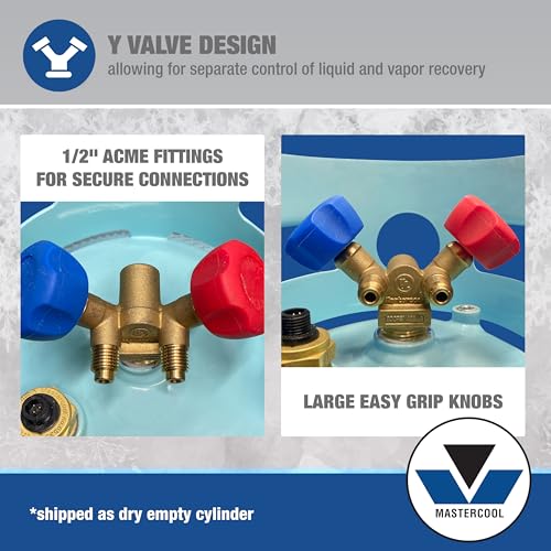 Mastercool 67010 30 lb Refrigerant Recovery Cylinder with Float Switch, DOT-Approved, 1/2\" Acme Connections, HP295 Steel, Blue (No Refrigerant Included)