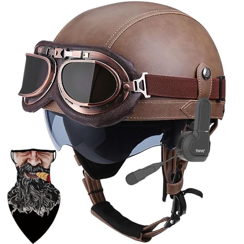 Bluetooth German Style Leather Motorcycle Half Face Helmet, DOT Approved Retro Open Face Helmet with Goggles Street Motorcycle Half Helmet for Cruiser Scooter Touring, Pilot Helmet