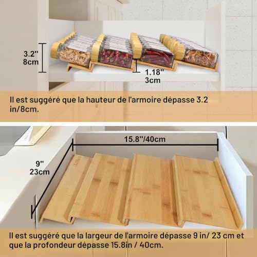 KitHero Organiseur de tiroir à épices avec 18 pots à épices avec couvercle en bambou, 216 étiquettes, 50 caoutchouc antidérapant, plateau d'assaisonnement à 4 niveaux pour tiroirs de cuisine, armoires – vue 2