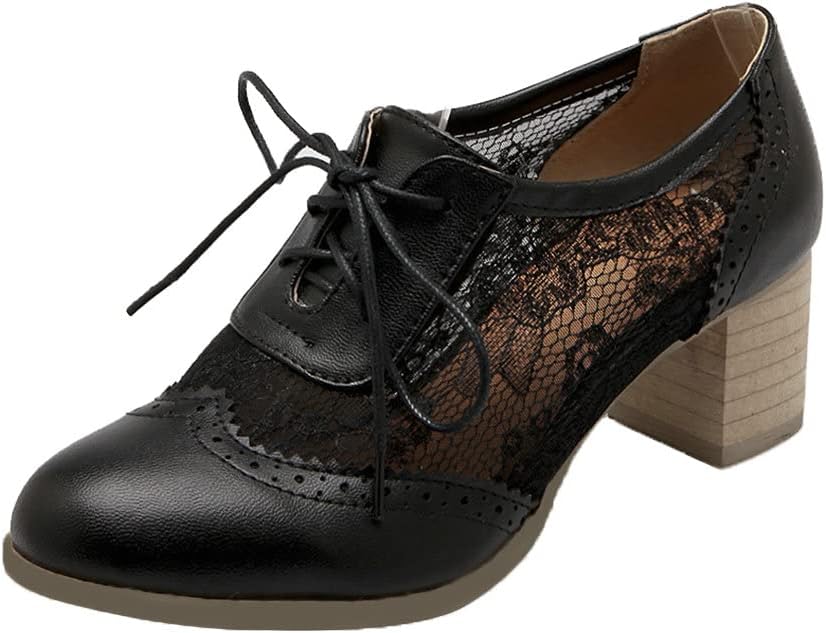Bellirala Womens Brogues Oxfords Block Heels Lace Up Pumps Wingtip Mesh Dress Shoes