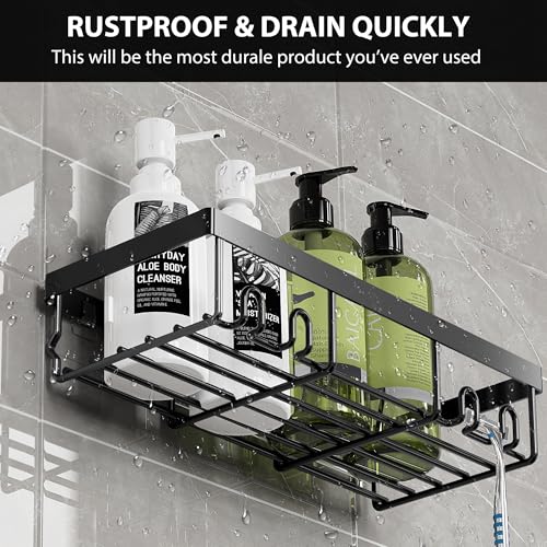 Moforoco Shower Caddy Shelf Organizer Rack, Self Adhesive Black Bathroom Shelves Basket, Home Farmhouse Wall Inside Organization and Storage Decor Rv Accessories, First Camper Apartment Essentials - Image 6