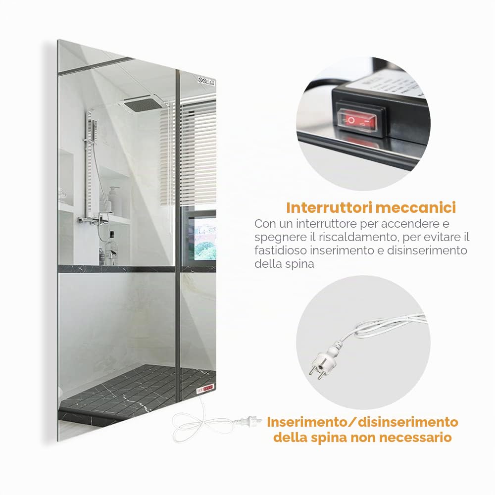 Specchio per riscaldamento a infrarossi, 580 Watt, riscaldamento a specchio, a infrarossi, specchio da bagno, 100 x 60 cm, specchio da bagno, riscaldamento elettrico, piastra di riscaldamento da