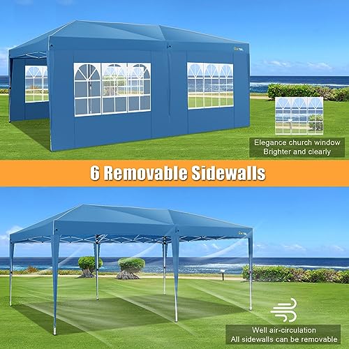 Image of HOTEEL 10x20 Pop Up Canopy Tents for Parties, Outdoor Tent with 6 Sidewalls & 8 Wind-Resistant Rods & Carry Bag, Easy Setup for Wedding, Patio Events, Commercial, Waterproof and UV50+ Protection, Blue