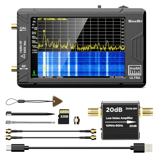 SeeSii TinySA Ultra Spectrum Analyzer with ZK06-20dB Low Noise Amplifier, 4.0 Inch 100kHz to 5.3GHz Handheld Tiny Frequency Analyzer with 32Gb Card,100kHz to 800MHz MF/HF/VHF UHF Input