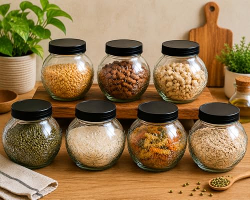 Image of Designer Transparent Glass Storage Jar with Black Plastic Airtight Lid, 900 ML Food Grade Kitchen & Pantry Storage Container, Size 8 X 14 X 14 cm, Ideal for Pulses, Dry Fruits, Pack Of 7