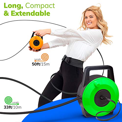 Extngo Retractable Network Cable Extender, 33 Ft (10 Meter) Cat 6 Ethernet Cable Flat-Portable 1Gbps Data Speed-Swiftly Setup Temp Networks-Cascadable Male-Female Rj45 Connector-Utp Cable Reel #TOP3