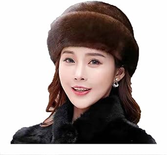 LAVAEGG Womens Winter Mink Furry Fluffy Roller Hat, Knitted Beanie Braided Real Hair Warm Basin Hat Coffee