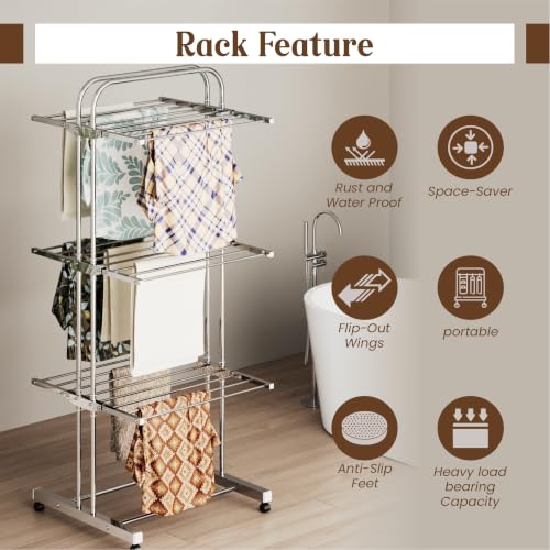 Image of LAPO Stainless Steel Cloth Drying Stand with Wheels | 3 Tier Foldable Laundry Rack | Side Wings & Hanger Rails | Rust Resistant Portable Clothes Dryer | Home, Balcony, Indoor & Outdoor Use
