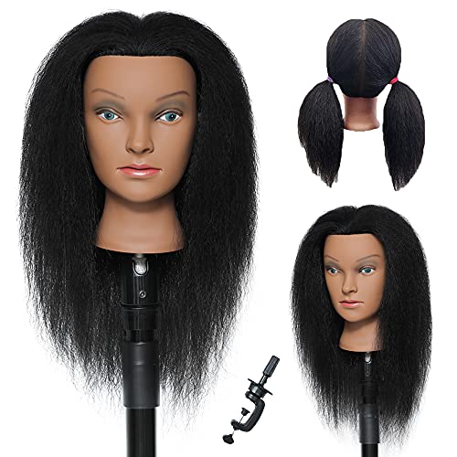 Mannequin Head with Human Hair 100% Real Hair Manikin Head Cosmetology Doll Head Mannequin Head with Hair Hairdresser Practice Braiding Styling Training Head with Free Table Mannequin Stand (14'')