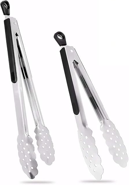harmiey Kitchen Tongs, 2 packs Barbecue Tongs (9 and 12) Stainless Steel Cooking Tongs Heat Resistant Handle Smart Locking Clip Non-Slip for BBQ, Salad, Grill, Fry, Serving