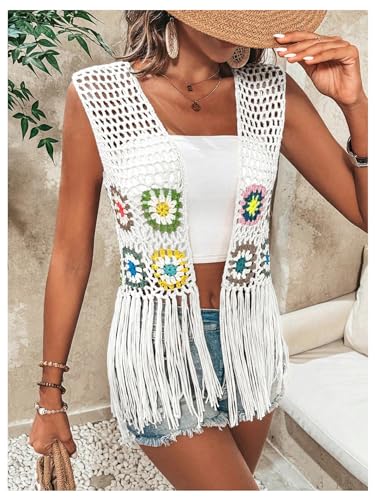 Verdusa Women's Floral Crochet Hollow Out Sleeveless Fringe Cardigan Vest3