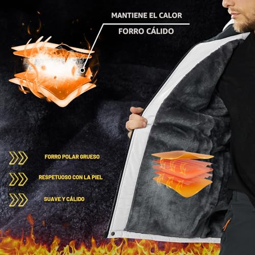 Miniatura 3 de Kefitevd Chaqueta Esquí Impermeable Cálida Para Hombres Chaquetas Térmicas Lana Deportes Invierno Abrigo Con Capucha,Blanco,2xl