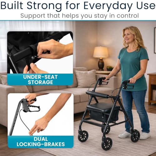Image of Vive Ultra Lightweight Rollator Walker with Seat - Foldable, Narrow, Rolling Senior Walker for Small Spaces - 4 Wheel Aluminum Adult Easy Drive Aid with Underseat Accessory