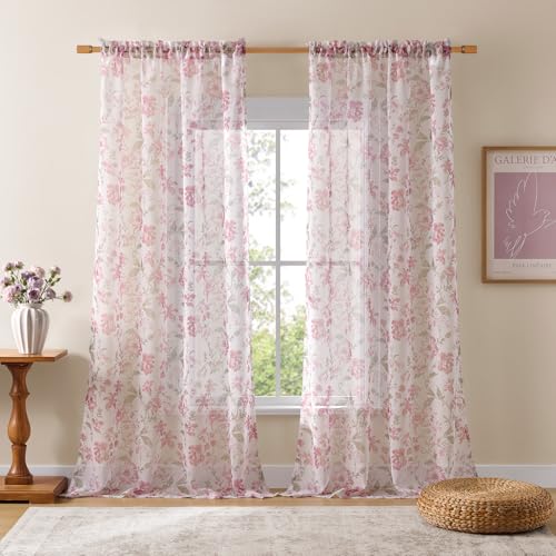 Pink Floral Curtains 90 Inches Long 2 Panels for Bedroom Garden Theme Modern French Romantic Flower Sheer Curtains for Living Room Dining Room Privacy Decor Light Filtering Rod Pocket Drapes, 52x90