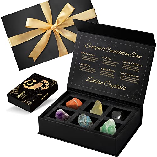Image of Scorpio Zodiac Birthstone Gifts Box Set - Crystals, Greeting Card, Gift Wrap Ribbon Bow - Perfect for Her Mother, Sister, Best Friends