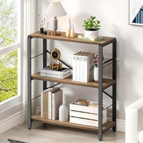 FOLUBAN Small Bookshelf, 3 Tier Open Book Shelf, Rustic Wood