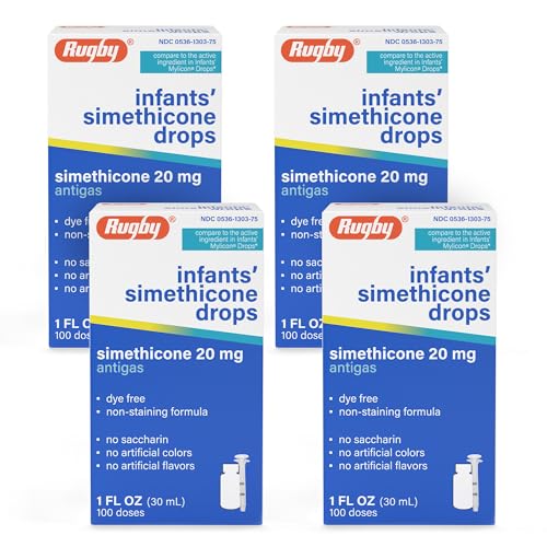Rugby Dye-Free Infants' Gas Drops - Simethicone 20 mg Liquid Drops for Newborns, Babies, Toddlers, and Kids - Fast Relief from Gas Discomfort - No Artificial Colors or Flavors - 1 Fl. Oz. (4 Pack)